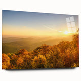 Large abstract wall art of Arkansas scenery in muted greens and blues on acrylic glass.