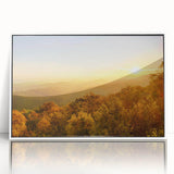 Art Deco style poster featuring a serene Arkansas landscape in muted green and blue tones, framed in white acrylic.