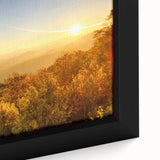 Close-up of black textured wall art featuring a colorful Arkansas scenery on a framed canvas, suitable for living room decor.