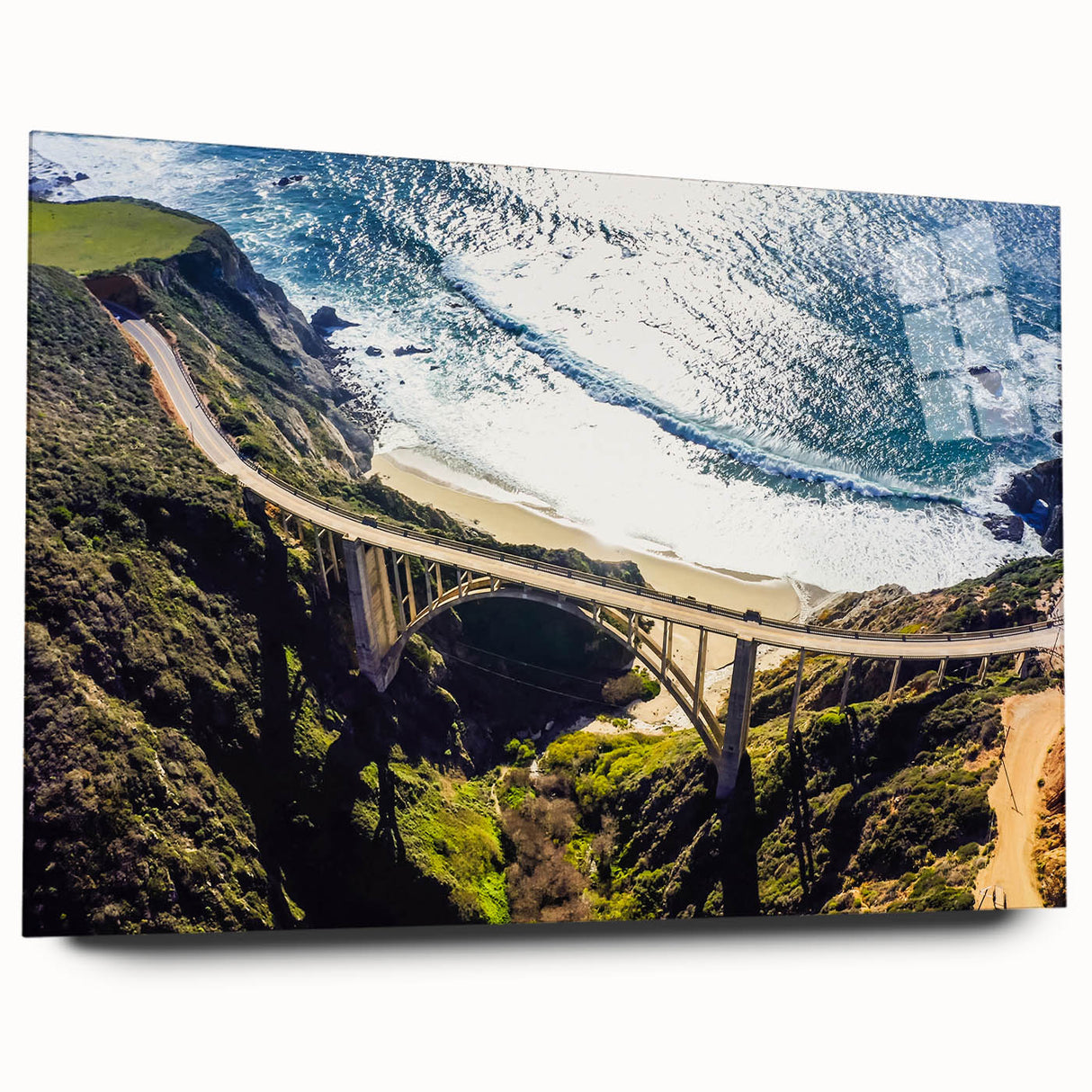Acrylic print of a large abstract depiction of Big Sur in muted blue and green tones.