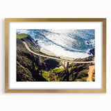 Extra large abstract art print of Big Sur, California in textured style with a gold frame, ideal for living room decor.