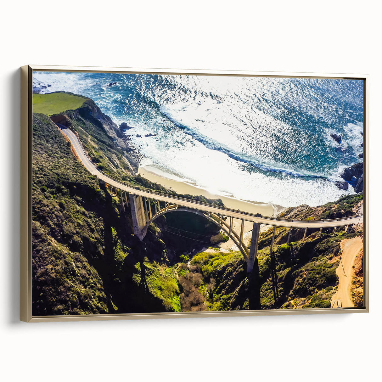 Framed canvas of Big Sur landscape in muted earth tones, ideal for bedroom wall art.