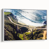 Vintage poster art of Big Sur, California, in vibrant colors on a white-framed canvas, ideal for living room decor.