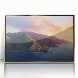 Mid-century modernist art depicting Catalina, California in pastel colors on a silver-framed acrylic print.