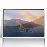 Art deco style poster of Catalina, California scenery in muted blue and white tones, framed in acrylic.