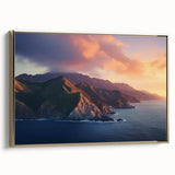 Framed canvas depicting vintage-style Catalina, California landscape in muted gold and black, ideal for bedroom wall art.