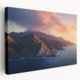 Large art depicting Catalina Island in muted blue and green hues on stretched canvas, suitable for kitchen wall art.
