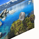 Large abstract wall art of Lake Tahoe in muted blue and green hues on acrylic glass, ideal for dining room art.