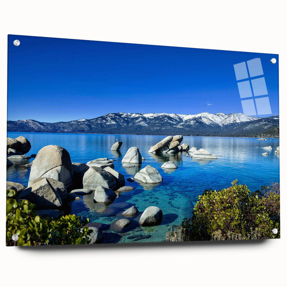 Acrylic print of Lake Tahoe with vivid blue and green tones, ideal for bedroom or dining room wall art.