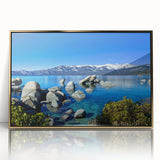 Large art print of Lake Tahoe with muted blue and green tones on a framed acrylic, in mid-century modernist style.