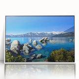 Modern art wall decor featuring a serene Lake Tahoe landscape in muted blues and greens on a framed acrylic panel.