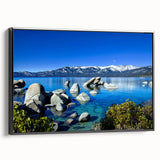 Black and white framed canvas of Lake Tahoe landscape, ideal for bedroom wall art.