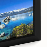 Extra large framed canvas of Lake Tahoe with textured, colorful art on black background, ideal for living room decor.