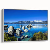 Vintage poster art of Lake Tahoe on a large framed canvas, featuring colorful art in pastel shades.