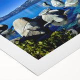 Art deco poster of Lake Tahoe with muted blue and green tones on rolled canvas, ideal for dining room wall art.