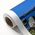 Art Deco poster of Lake Tahoe with vibrant blue and green hues on a rolled canvas, ideal for nursery wall art.