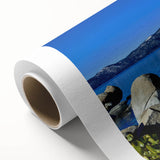 Art Deco poster of Lake Tahoe with vibrant blue and green hues on a rolled canvas, ideal for nursery wall art.