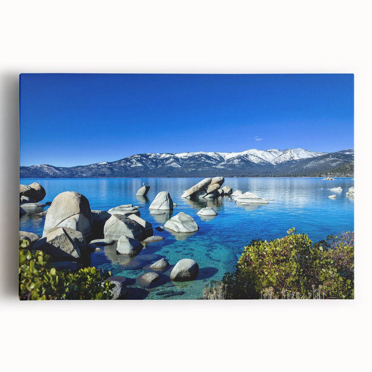 Black and white photo of Lake Tahoe on large stretched canvas, ideal for kitchen wall art.