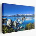Large art of Lake Tahoe featuring vivid blue and green tones on stretched canvas, suitable for kitchen wall art.