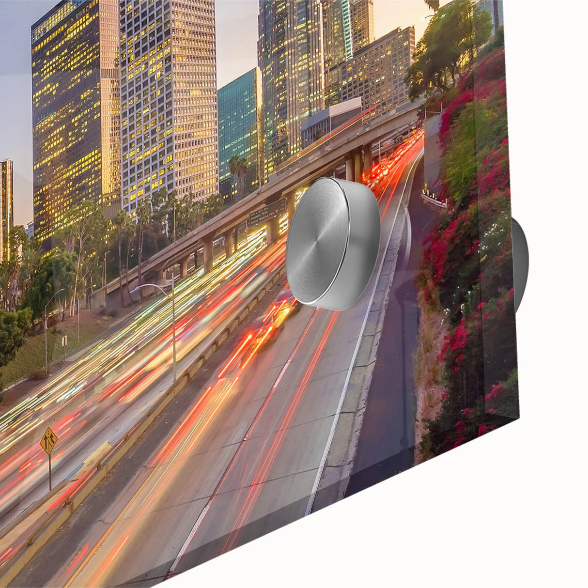 Large abstract wall art featuring Los Angeles scenery in muted earth tones on acrylic glass.