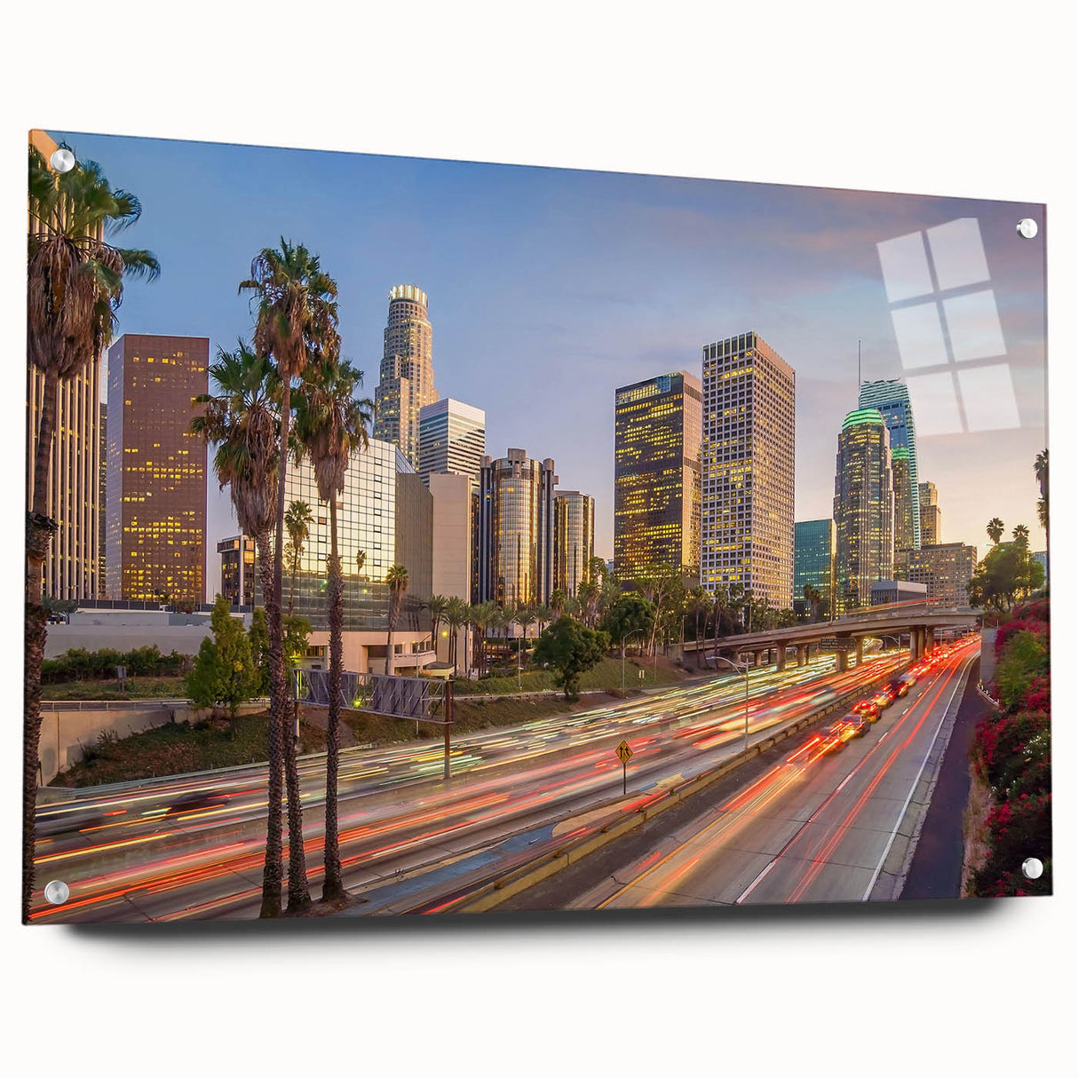 Acrylic print of Los Angeles skyline in muted blue and gray tones, suitable for bedroom or dining room decor.