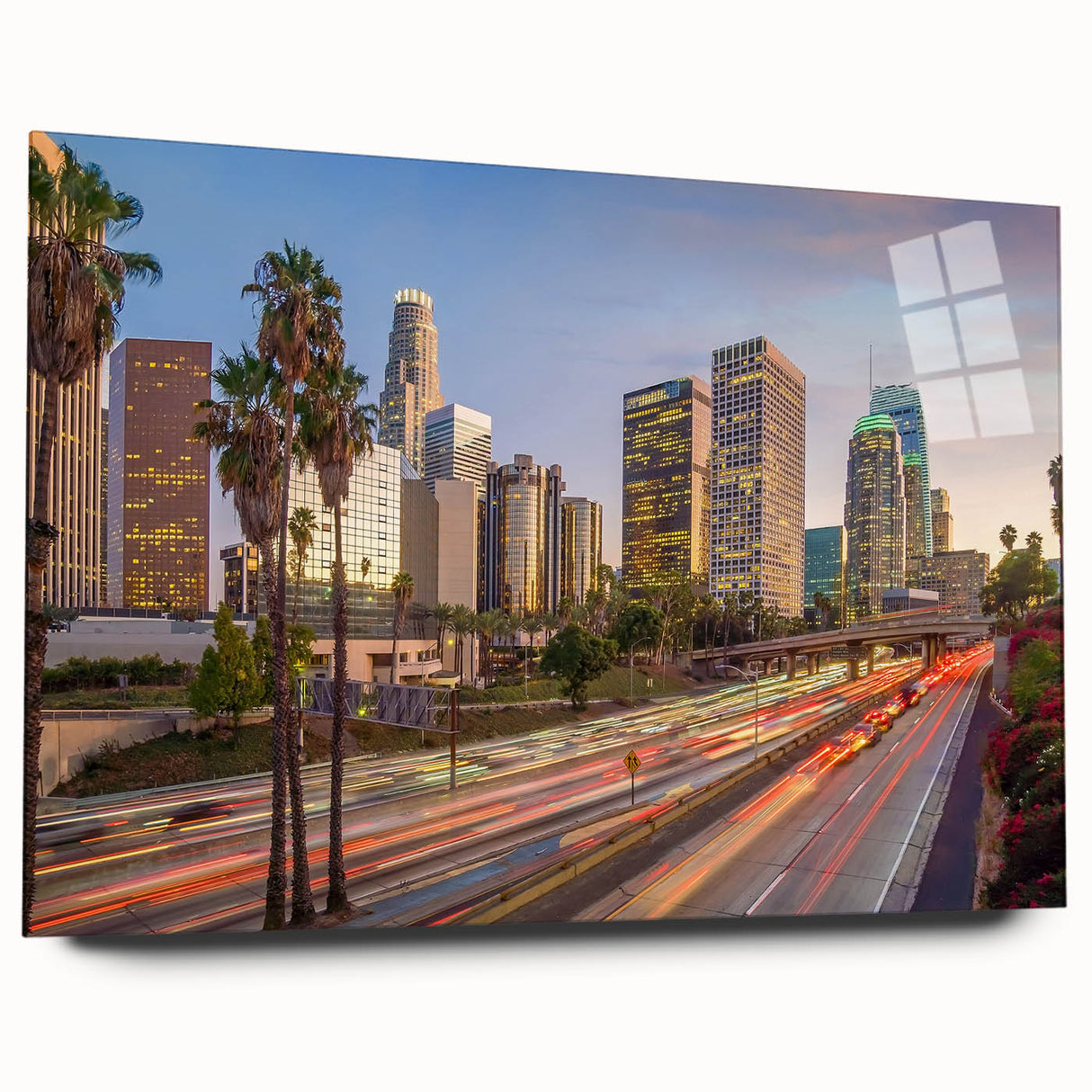 Acrylic print of a large abstract depiction of the Los Angeles skyline in muted gray and blue tones.