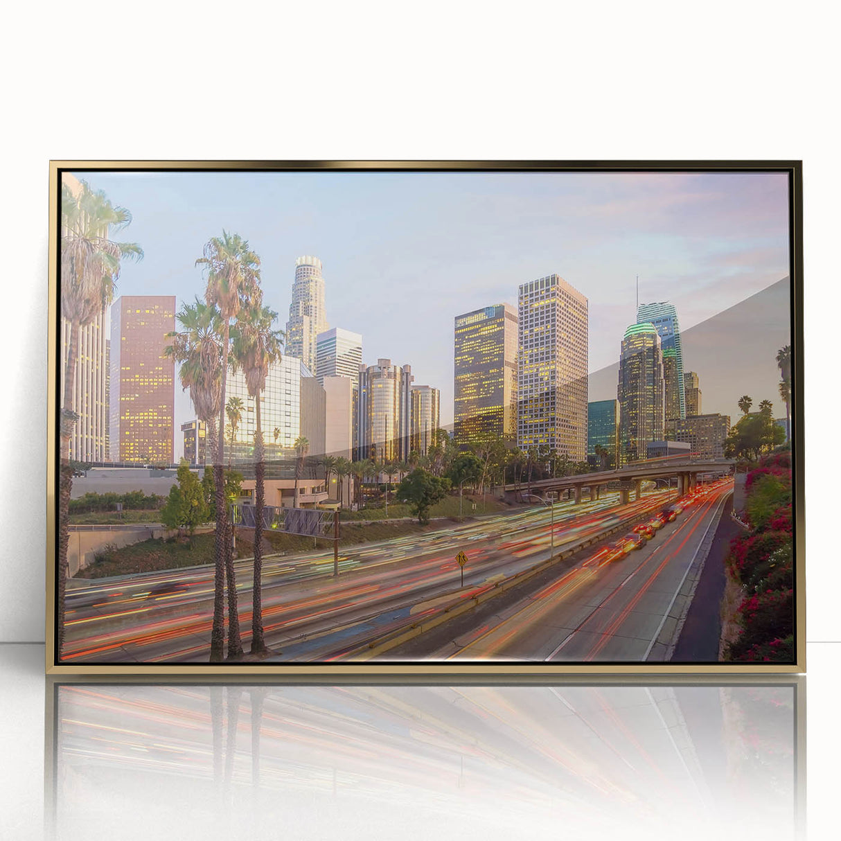 Framed acrylic print of Los Angeles skyline in muted gold tones, ideal for modern art wall decor.