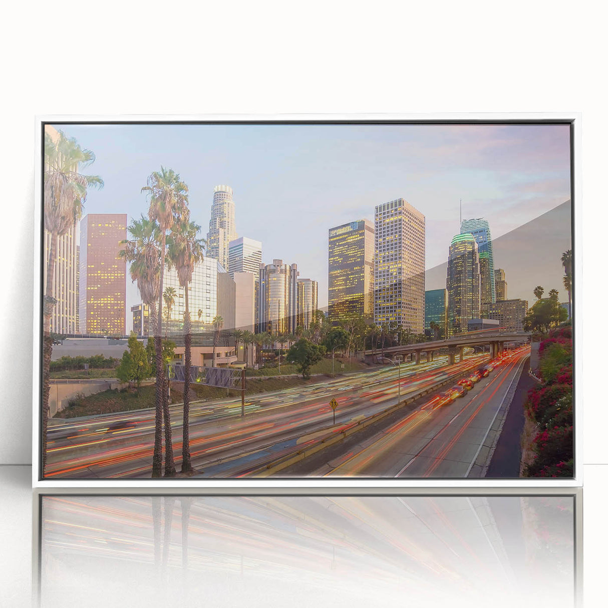 Art deco poster of Los Angeles skyline in muted gray and blue tones, framed acrylic, ideal for modern bedroom ambiance.