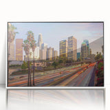 Art deco poster of Los Angeles skyline in muted gray and blue tones, framed acrylic, ideal for modern bedroom ambiance.