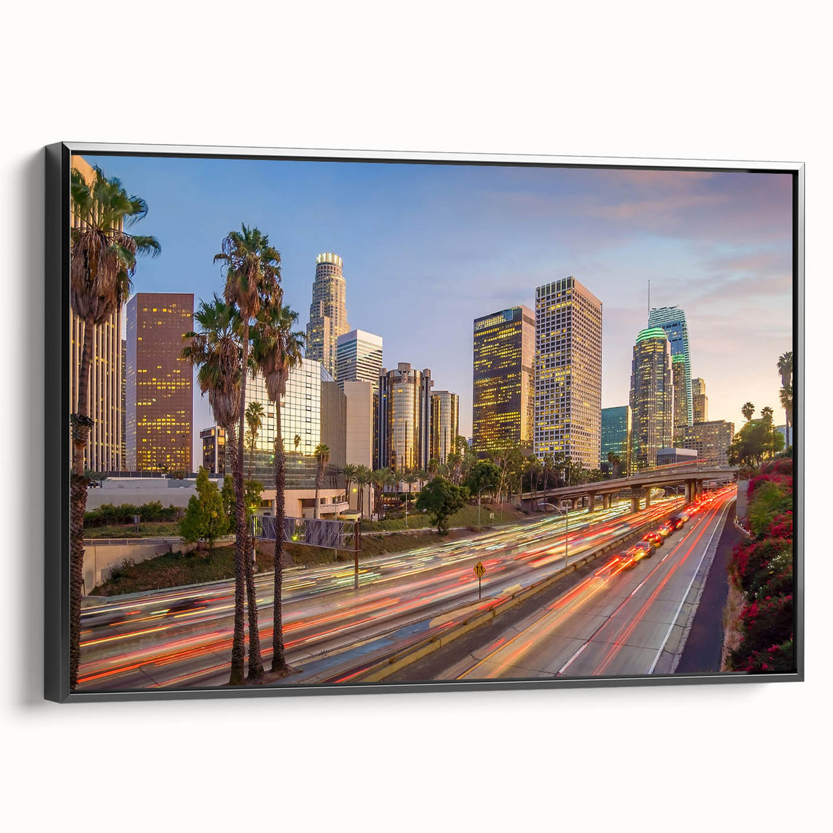 Black and white framed canvas of Los Angeles landscape, vintage poster style, ideal for bedroom wall art.