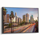 Black and white framed canvas of Los Angeles landscape, vintage poster style, ideal for bedroom wall art.