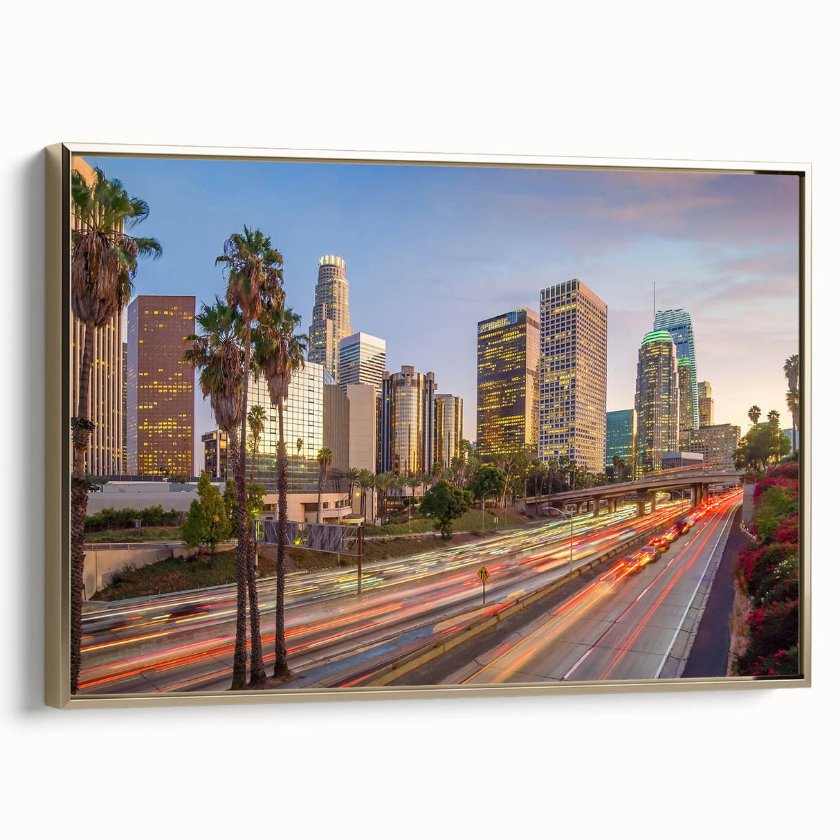 Framed canvas featuring a vintage-style Los Angeles landscape in black and gold tones, ideal for bedroom decor.