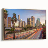 Framed canvas featuring a vintage-style Los Angeles landscape in black and gold tones, ideal for bedroom decor.