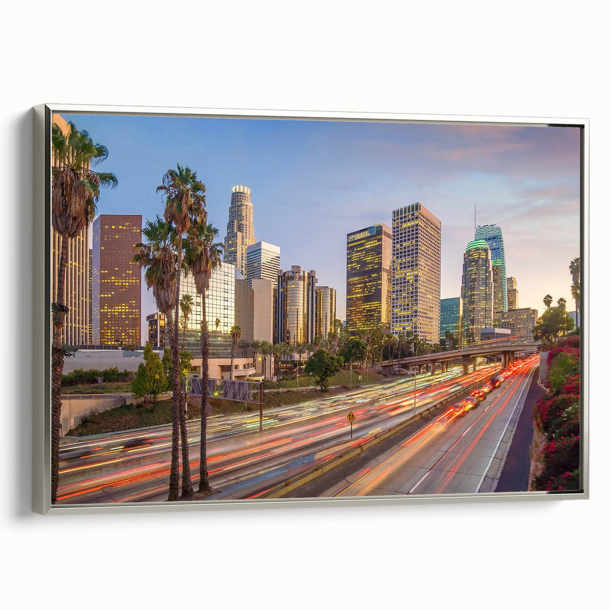 Framed canvas landscape art painting depicting a colorful Los Angeles skyline, ideal for modern living room decor.