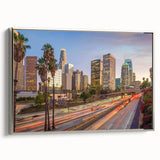 Framed canvas landscape art painting depicting a colorful Los Angeles skyline, ideal for modern living room decor.