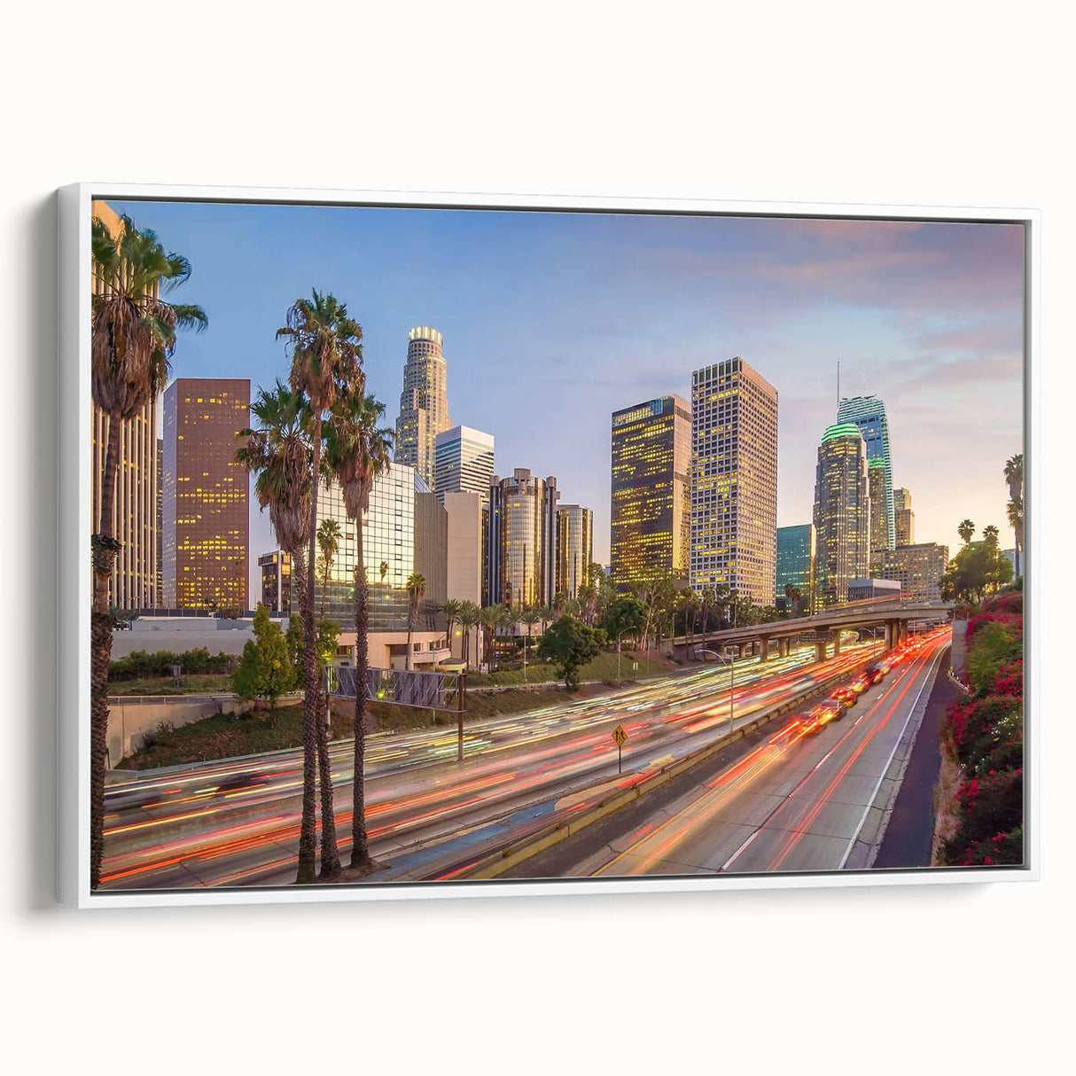 Vintage poster art of Los Angeles skyline in colorful hues on extra large framed canvas, ideal for living room decor.