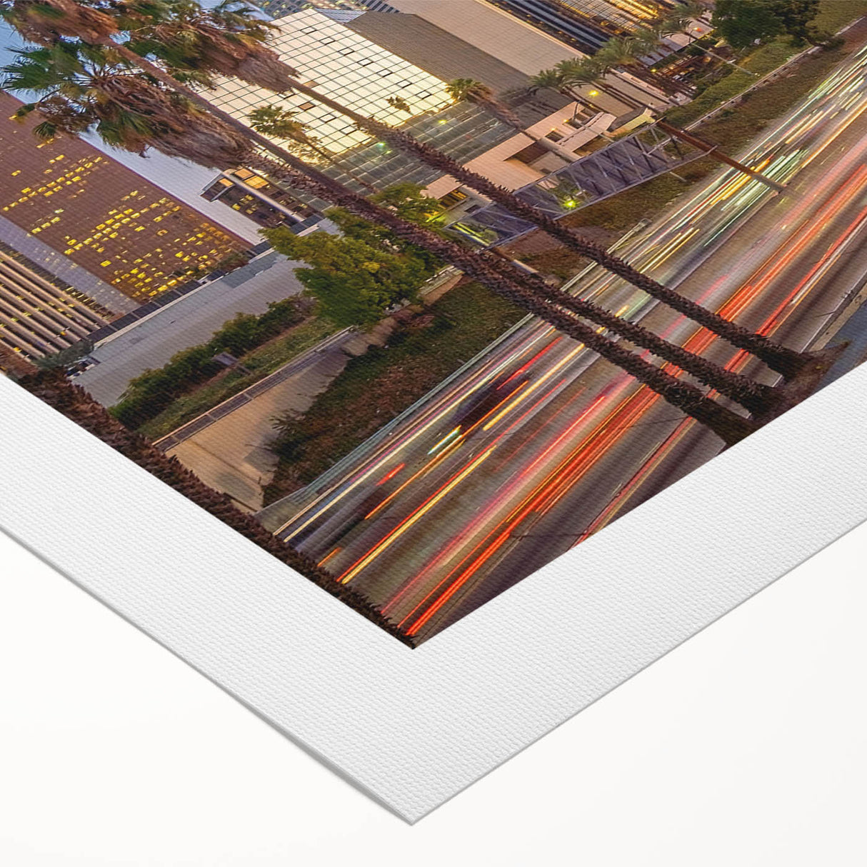 Art deco poster of Los Angeles skyline in monochrome shades on rolled canvas, suitable for dining room decor.
