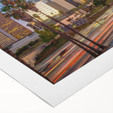 Art deco poster of Los Angeles skyline in monochrome shades on rolled canvas, suitable for dining room decor.