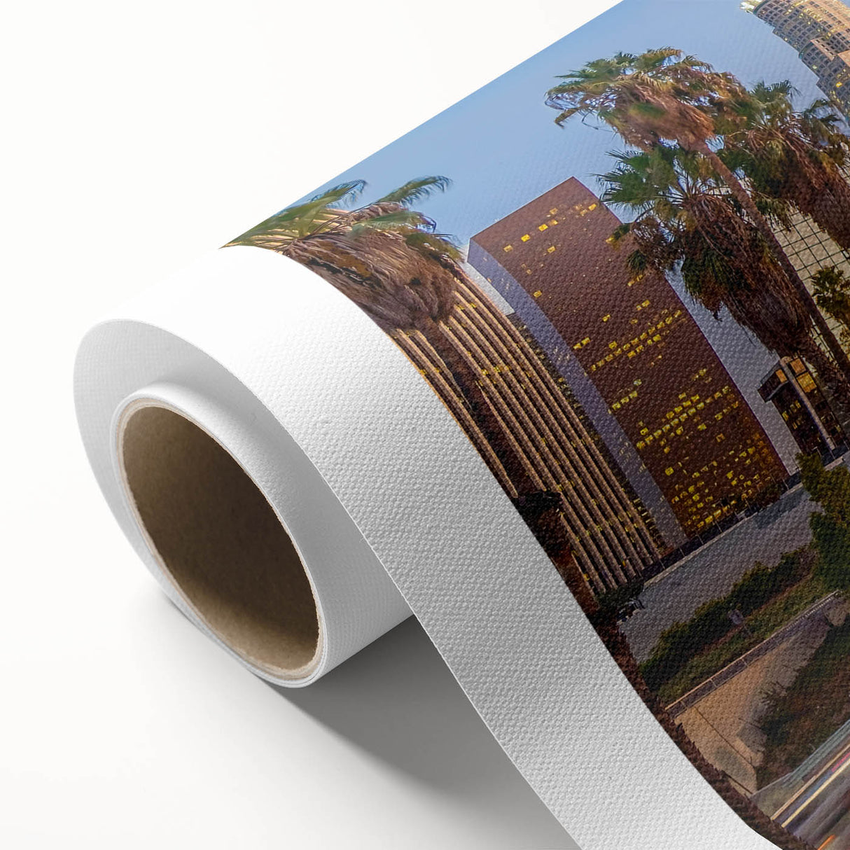 Art deco poster of Los Angeles skyline in pastel shades on rolled canvas, suitable as nursery wall art.