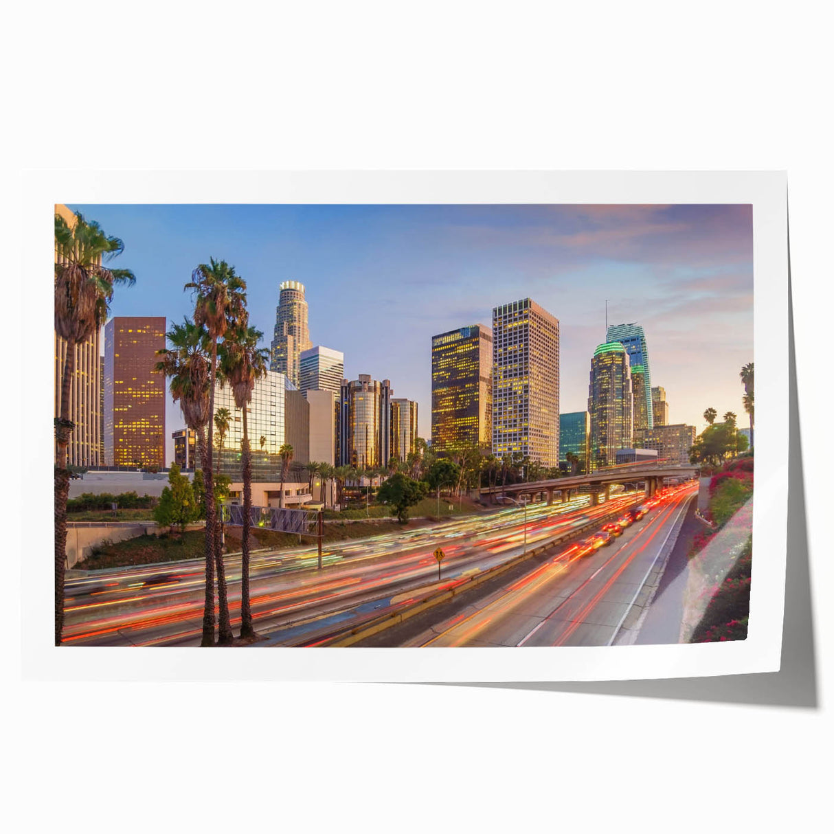 Extra large rolled print of the Los Angeles skyline in muted gray tones, ideal for art wall dining room.
