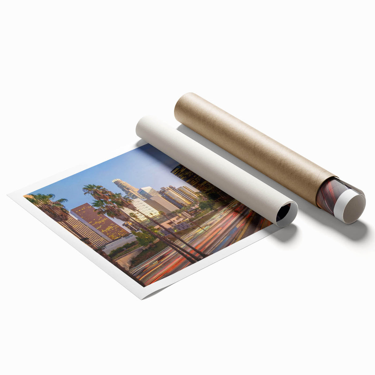 Extra large wall art depicting Los Angeles skyline in muted blue tones on a rolled canvas, suitable for bathroom decor.