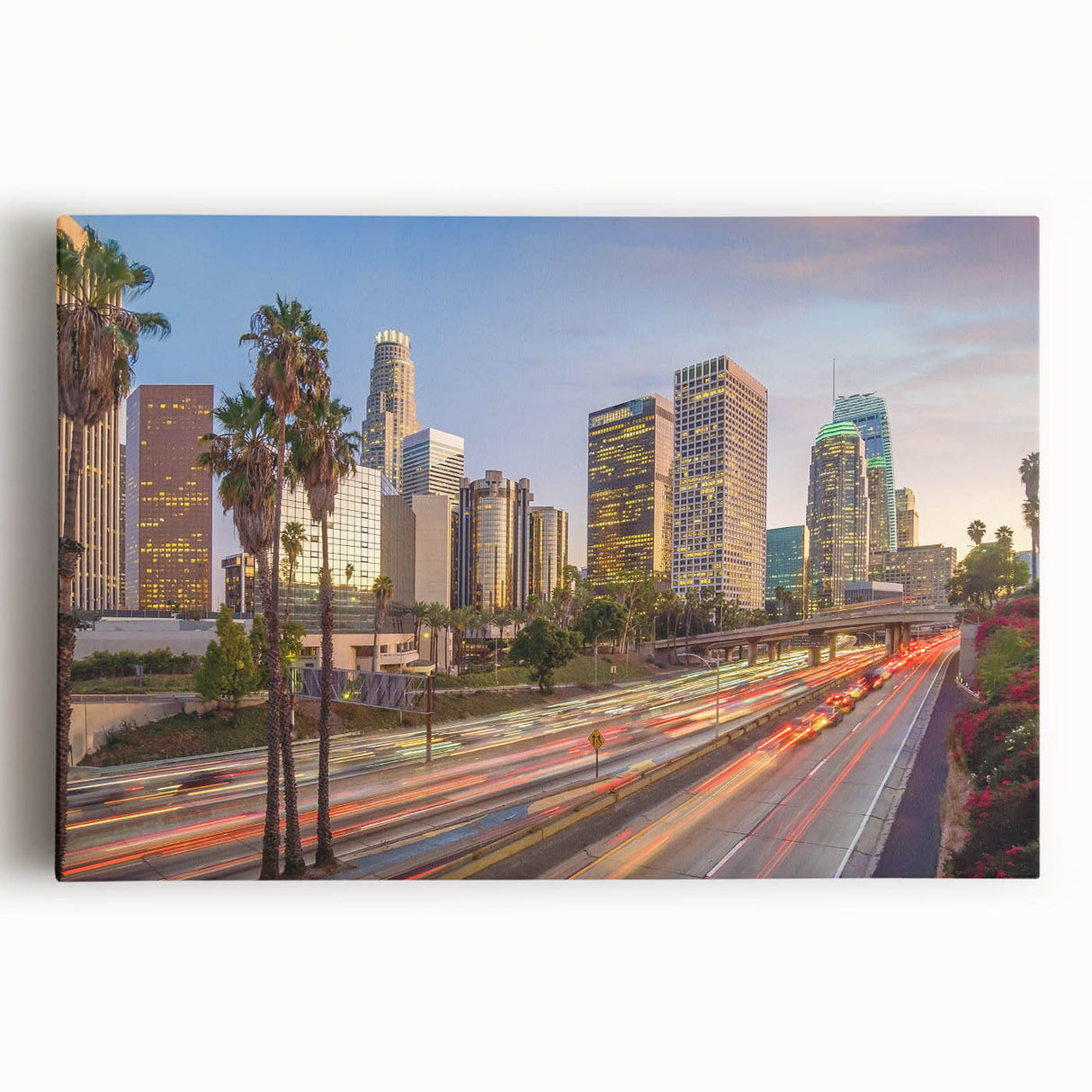 Black and white photograph of Los Angeles skyline on large stretched canvas, suitable for kitchen art.