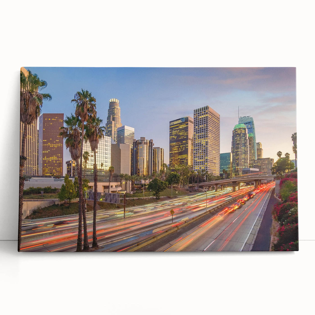 Black and white stretched canvas of Los Angeles skyline, ideal for kitchen wall art or bedroom ambiance.
