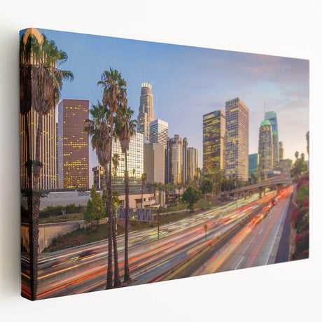 Los Angeles cityscape on large stretched canvas, featuring soft pastel colors, ideal for kitchen wall art.