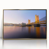 Framed acrylic print of Sacramento scenery in gold tones, ideal for modern art wall decor.