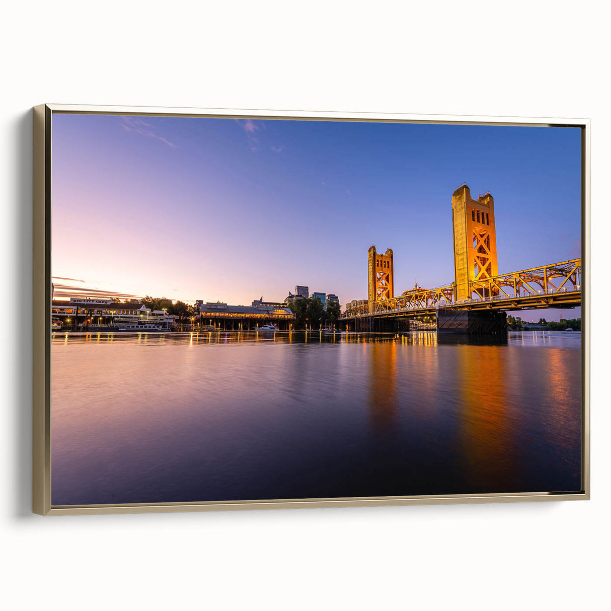 Framed canvas of Sacramento landscape with black and gold tones, ideal for bedroom wall art.