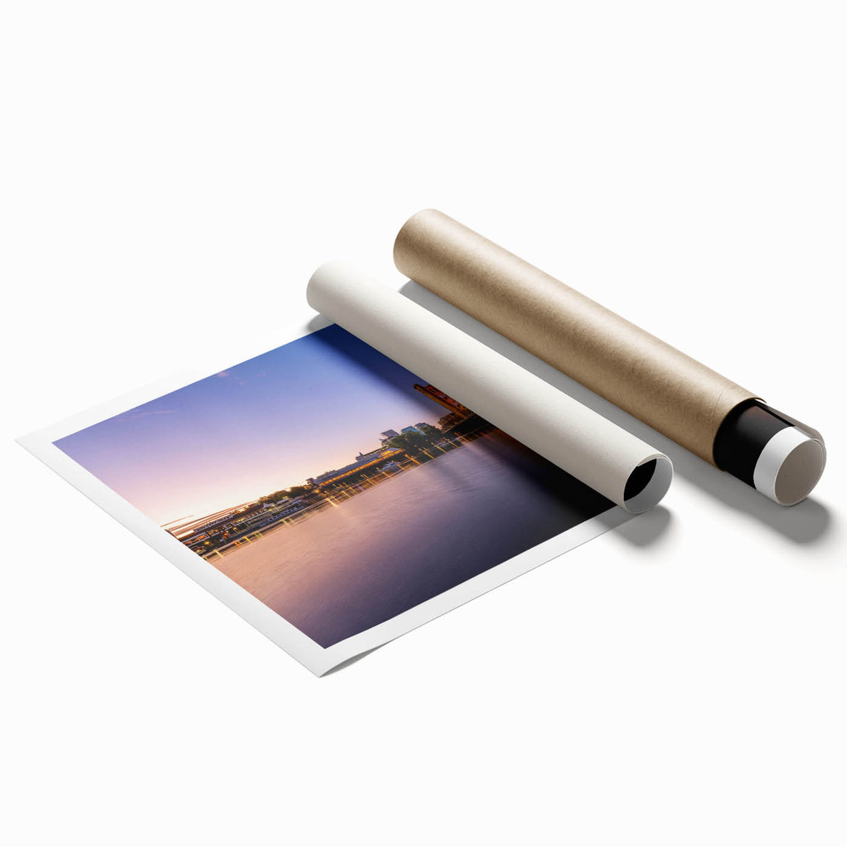 Extra large rolled print of Sacramento scenery with floral elements in pastel shades.
