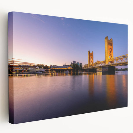 Scenic Sacramento riverside depicted in muted earth tones on a large stretched canvas, suitable for kitchen wall art.