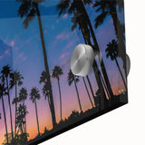 Large abstract depiction of San Diego skyline in muted blue and orange tones on acrylic glass, suited for dining room art.