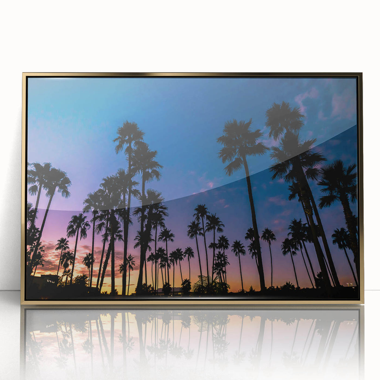 Large art print featuring San Diego skyline in gold and blue tones on framed acrylic, ideal for modern art wall decor.